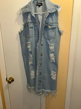 Thrill Light Blue Distressed Sleeveless Denim Long Vest